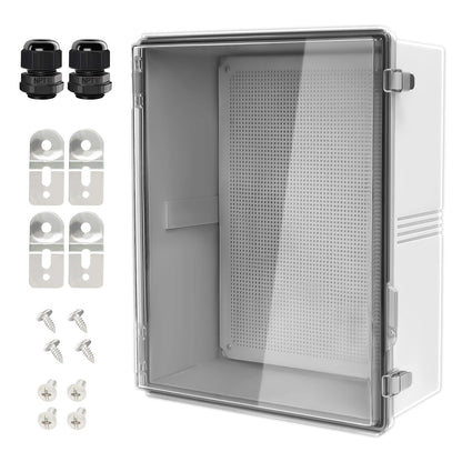 LeMotech Electrical Box, IP67 Waterproof Hinged Clear Cover Stainless Steel Latch Junction Box, ABS Plastic Electrical Enclosure with Mounting Plate,Wall Brackets, Cable Glands,19.6"x15.7"x7.8",Grey
