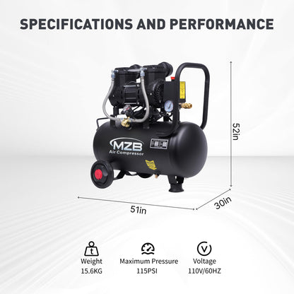 MZB 6.4 Gallon Ultra Quiet Air Compressor 110V/60Hz Steel Tanks Oil-Free 70dB Noise Level Air Compressor with Wheels for Spray Painting, Auto Repair, Carpentry Decoration