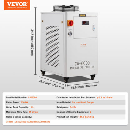 VEVOR Industrial Water Chiller, CW6000, Industrial Water Cooler Cooling System with Compressor 15L Water Tank Capacity 65 L/min Max Flow Rate, for 2 Sets of 300W CO2 Laser Engraving & Cutting Machine