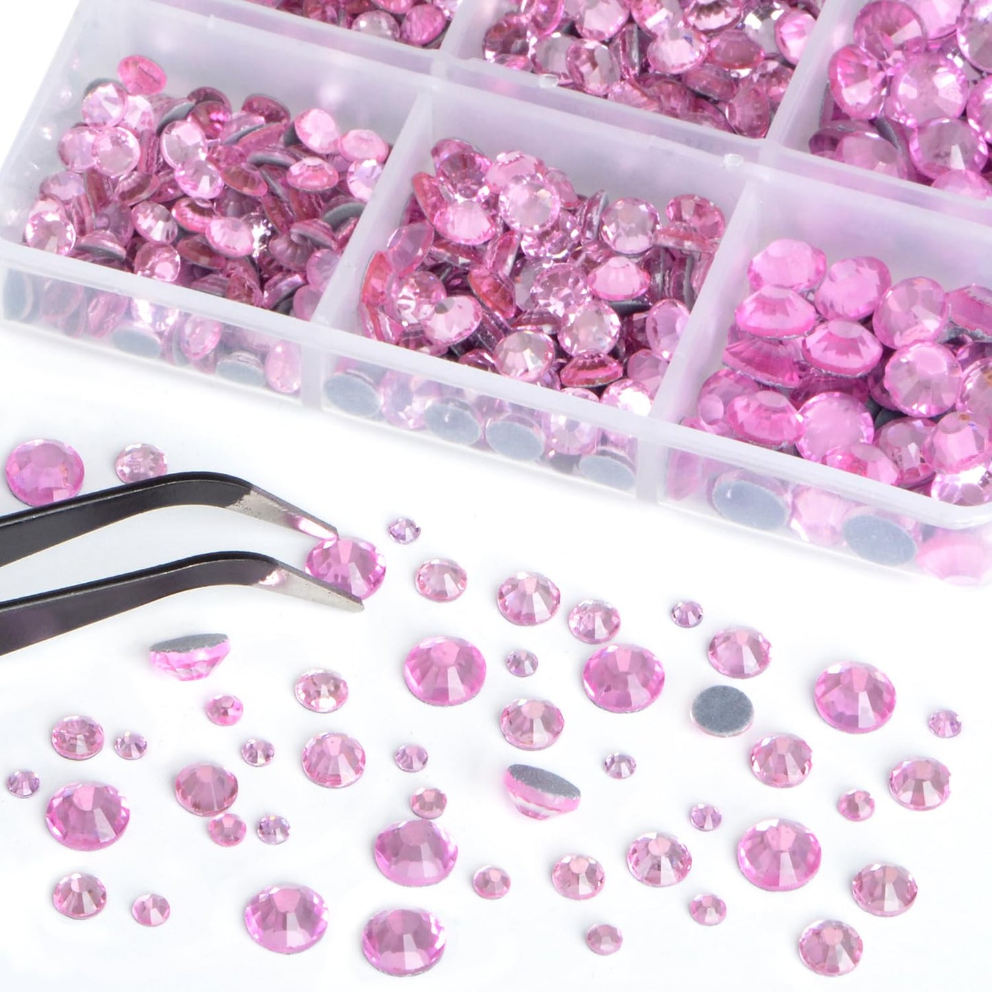 Bymitel Hotfix Crystal Rhinestones Round Gems for Crafts,Mixed 6 Sizes with Wax Pencil Kit, Lt. Rose 1.6-6.3mm SS4-SS30/8000pcs