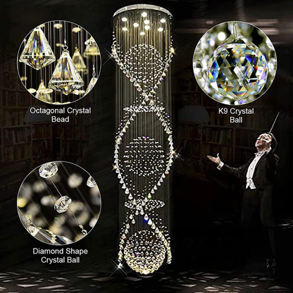 7PM Chandelier for Staircase, Crystal Foyer Chandelier High Ceiling, Modern Raindrop Chandeliers Flush Mount Ceiling Light Fixture for Spiral Staircase, Foyer, Entryway, High Ceiling W25.6 X H 98.4"