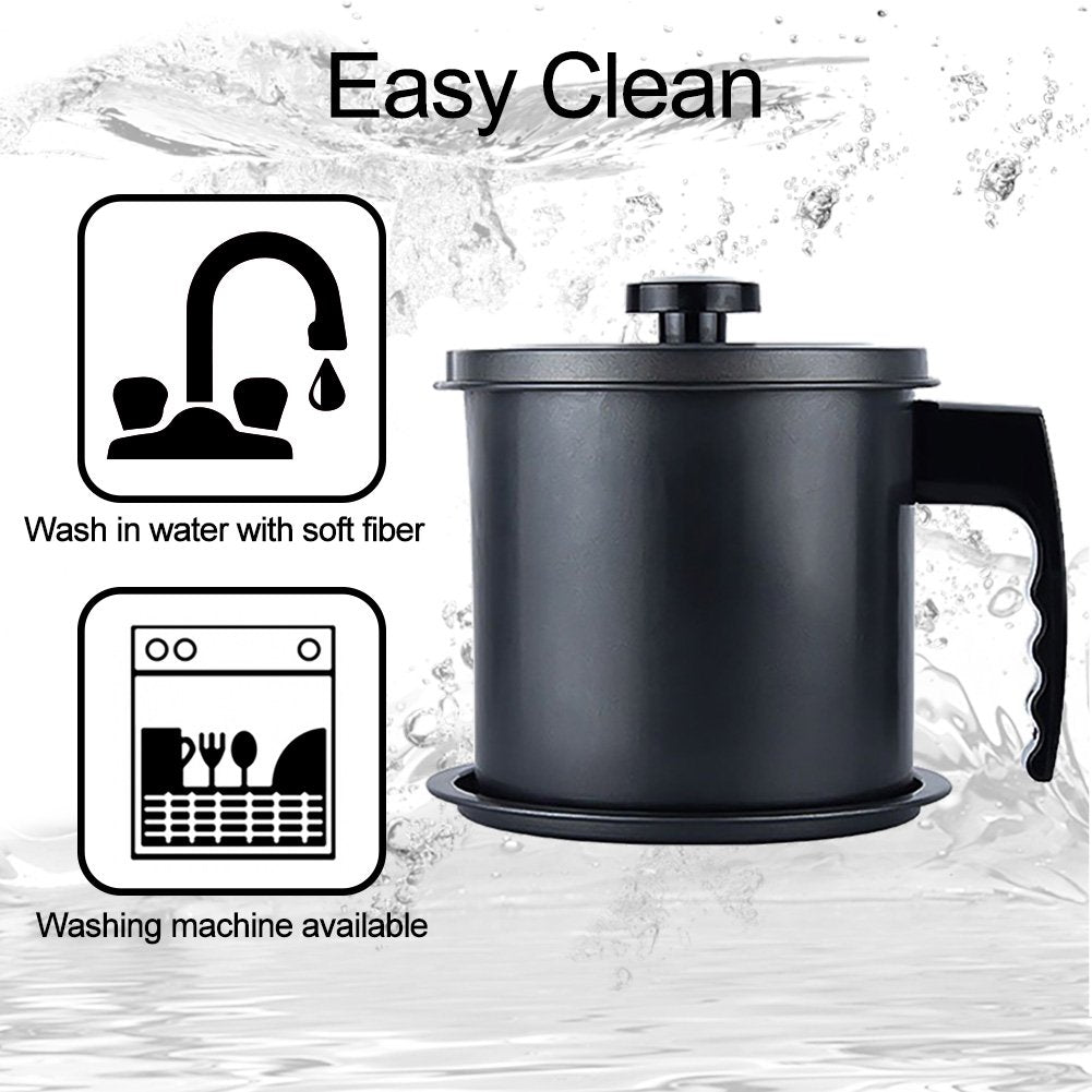 Ourokhome Bacon Grease Container with Strainer- 1.3 L or 5.2 Cup Iron Kitchen Oil Storage Can with Fine Mesh Strainer for Storing Hot Frying Oil, Fat (Black)