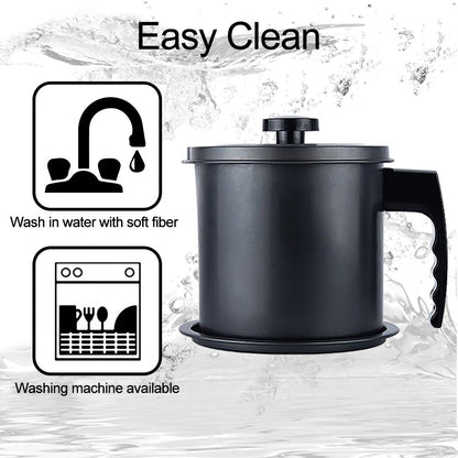 Ourokhome Bacon Grease Container with Strainer- 1.3 L or 5.2 Cup Iron Kitchen Oil Storage Can with Fine Mesh Strainer for Storing Hot Frying Oil, Fat (Black)