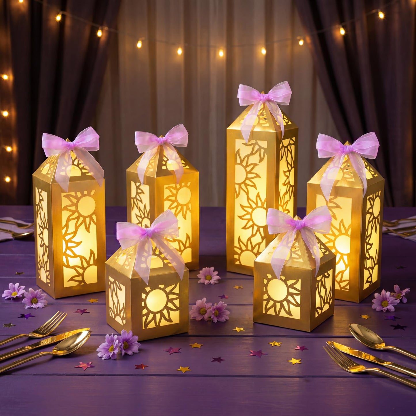 Renbuzhu 15PCS Princess Party Decorations Gold Sun Lanterns Centerpieces with LED Lights Ribbon for Girls Birthday Table Decor (Batteries Not Included)