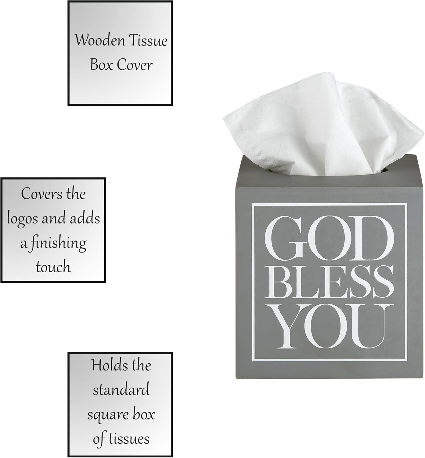Creative Brands Faithworks, God Bless You Wooden Tissue Box Cover, Small, Grey