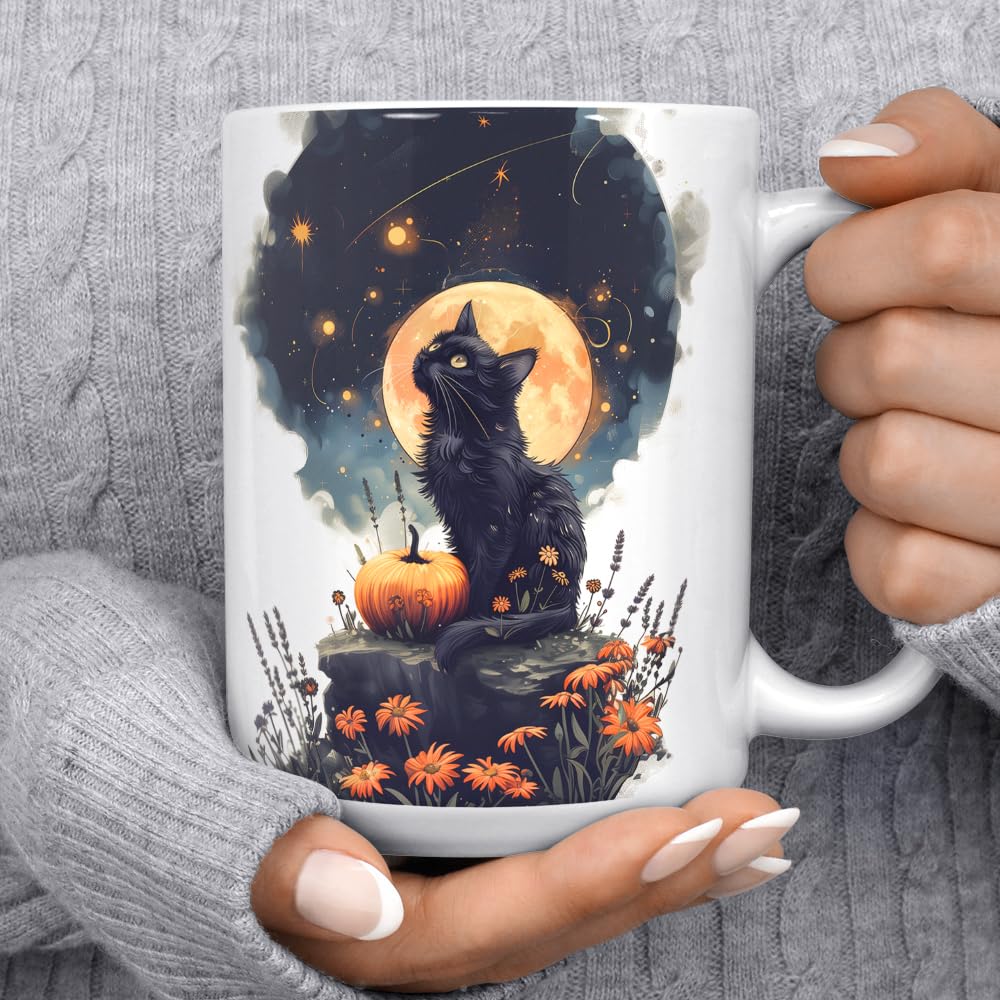 Mystical Black Cat Full Moon Coffee Mug, Witchy Halloween Cup, Spooky Autumn Season Aesthetic (15oz)