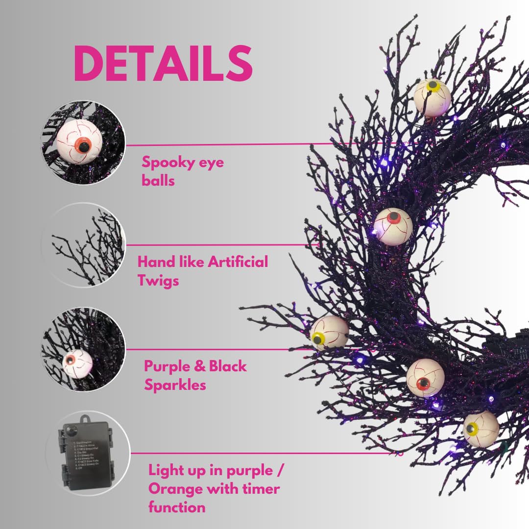 Sunny Bay Atelier Spook-tacular Halloween Wreath - 22" Creepy Eyeball, Black Twig with 35 Purple/Orange LED Lights (Battery Operated with Timer) Spooky Decor for Front Door, Haunted House Decor