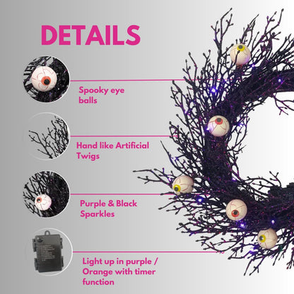 Sunny Bay Atelier Spook-tacular Halloween Wreath - 22" Creepy Eyeball, Black Twig with 35 Purple/Orange LED Lights (Battery Operated with Timer) Spooky Decor for Front Door, Haunted House Decor