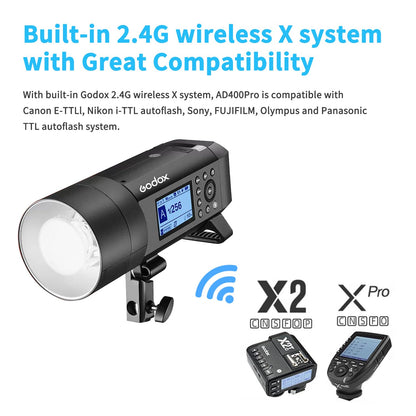 Godox AD400 Pro AD400Pro Outdoor Flash Strobe, Portable 400Ws 2.4G TTL 1/8000 HSS Monolight, 0.01-0.9s Recycle, 30W LED Modeling Lamp, GODOX AD 400 Pro with Rechargeable Battery & Bowens Mount