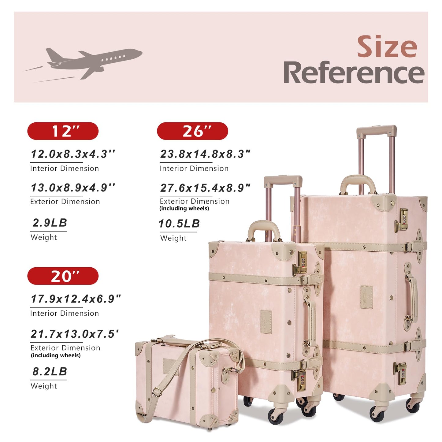 UNIWALKER Vintage Suitcase Set of 3, Retro Leather Travel Luggage with Cosmetic Train Bag for Women(Velvet Pink, 26''+20''+12'')