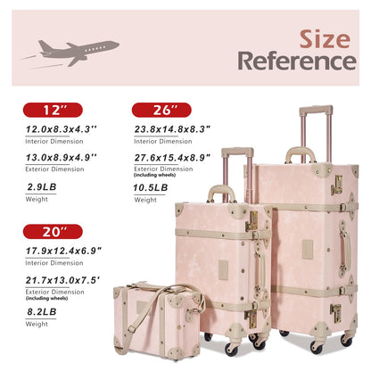 UNIWALKER Vintage Suitcase Set of 3, Retro Leather Travel Luggage with Cosmetic Train Bag for Women(Velvet Pink, 26''+20''+12'')