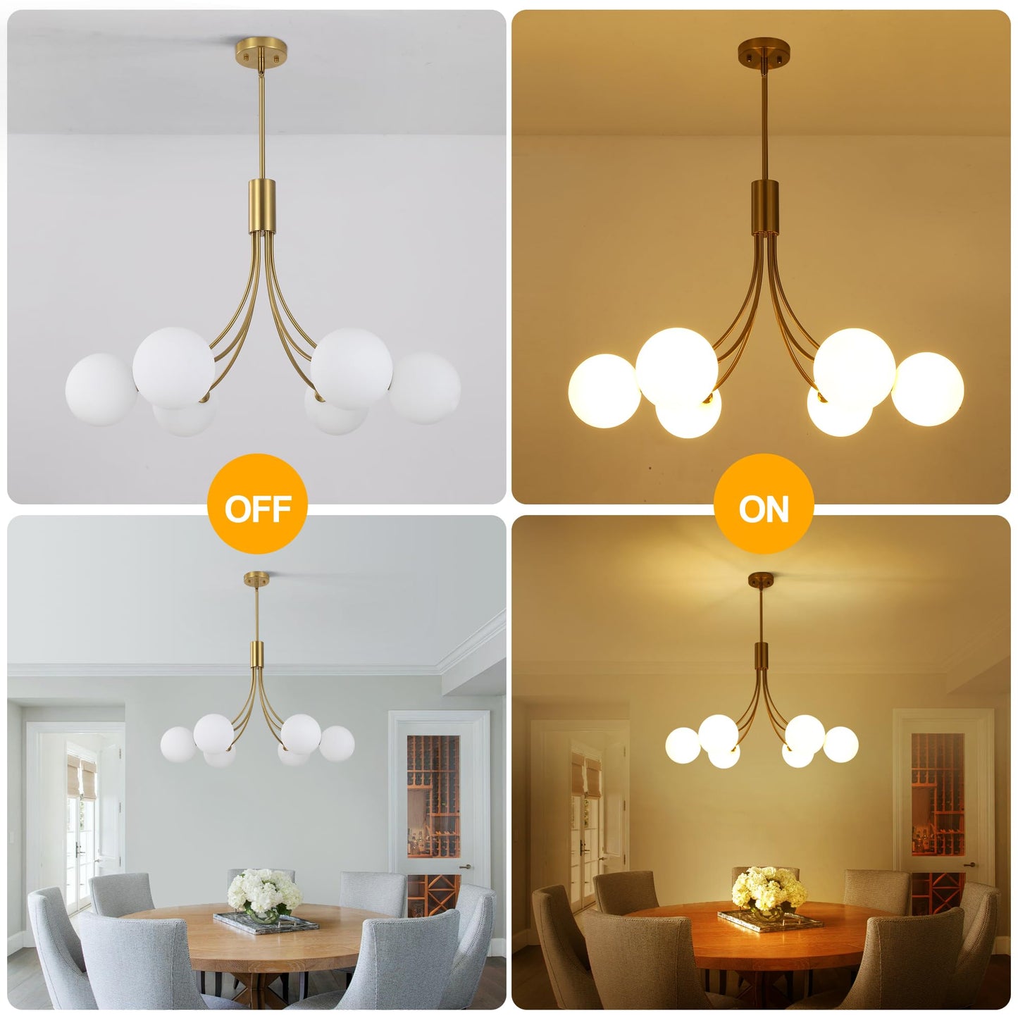 Xeruyiwa 6-Light Modern Gold Sputnik Chandelier Mid Century Brushed Brass Light Fixture with Milk Glass Globes for High Ceiling Dining Room Kitchen Island Living Room