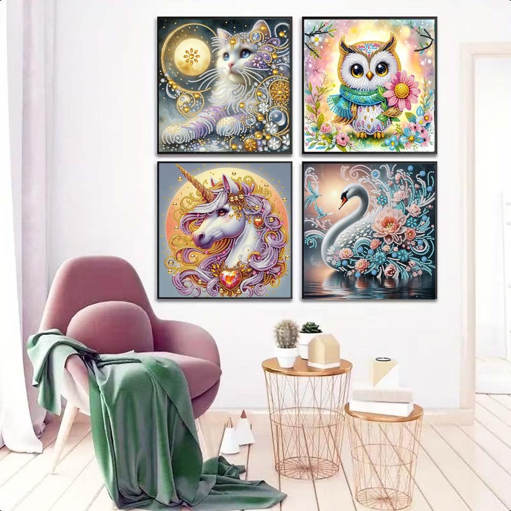 4Pack Diamond Painting Kits For Adults,Unicorn Special Shape Diamond Art Kits For Adults Beginners, DIY Diamond Crystal Rhinestones Gem Art Animal Owl and Cat Swan For Home Wall Decor 12 X 12Inch