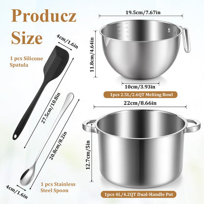 4-Piece Double Boiler, Chocolate Melting Pot Set Include 2500ml/2.3QT Mixing Bowl and 4000ml/3.63qt Stainless Steel Pot, Silicone Spatula, Stainless Steel Stirring Spoon, Induction Safe