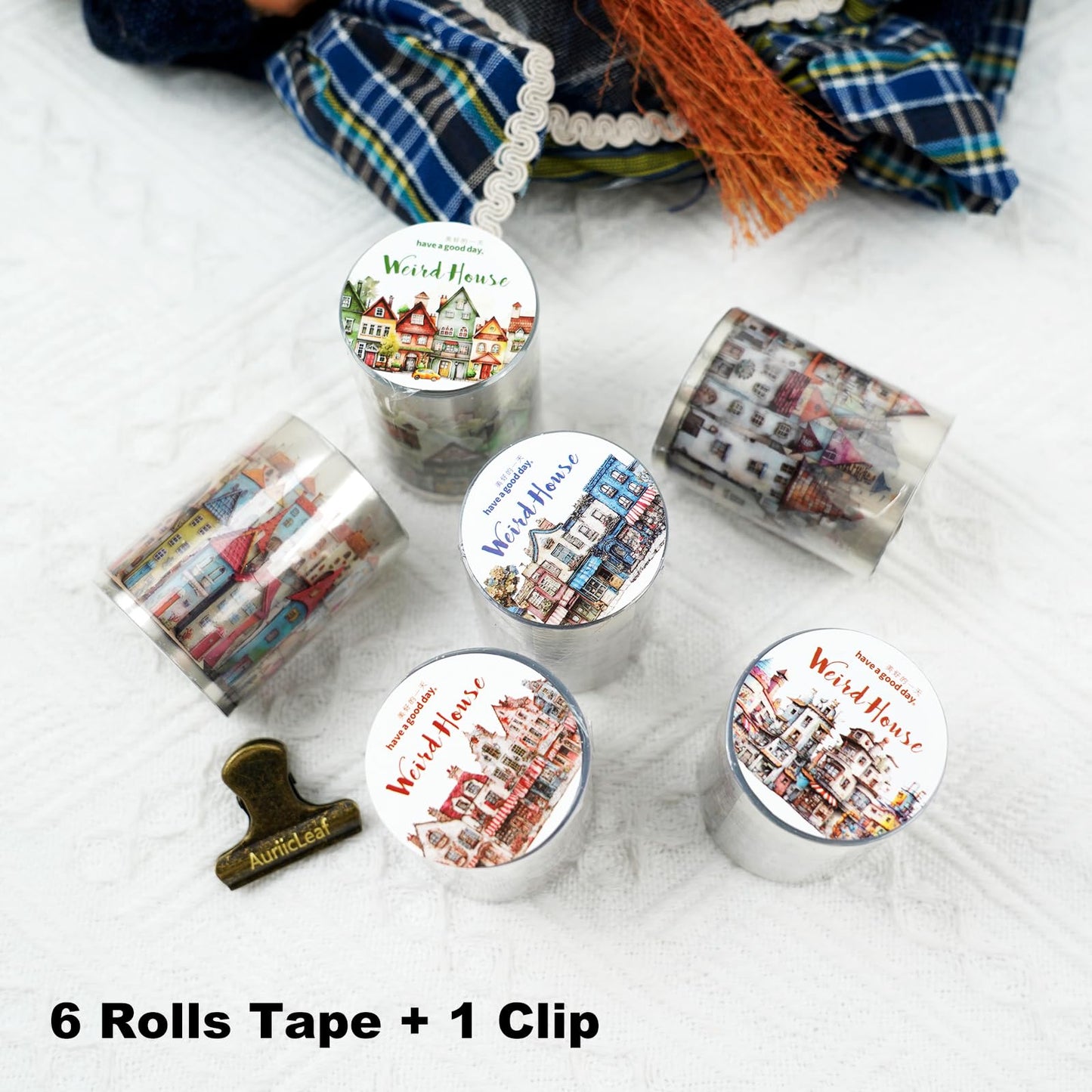 AuriicLeaf Weird House PET Tape Set with Clip, 6 Rolls of Vintage Town Stickers for Scrapbooking, Journaling, DIY Crafts, and Planners