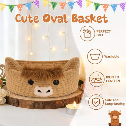 Hkojewp Oval Highland Cute Cow Basket for Nursery, Small Woven Gift Basket, Rope Cotton Storage for Gifts Empty, Baby Shower Blanket 0rganizer with Handles,Towel Decorative Bins, 12"D x 5"H in