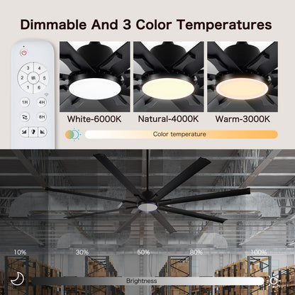 84 Inch Industrial Ceiling Fans with Light,Large Ceiling Fan with Modern 8 Aluminum Blades,Compatible with Alexa,Noiseless DC Motor,Black Outdoor Fan for Garage or Pool area