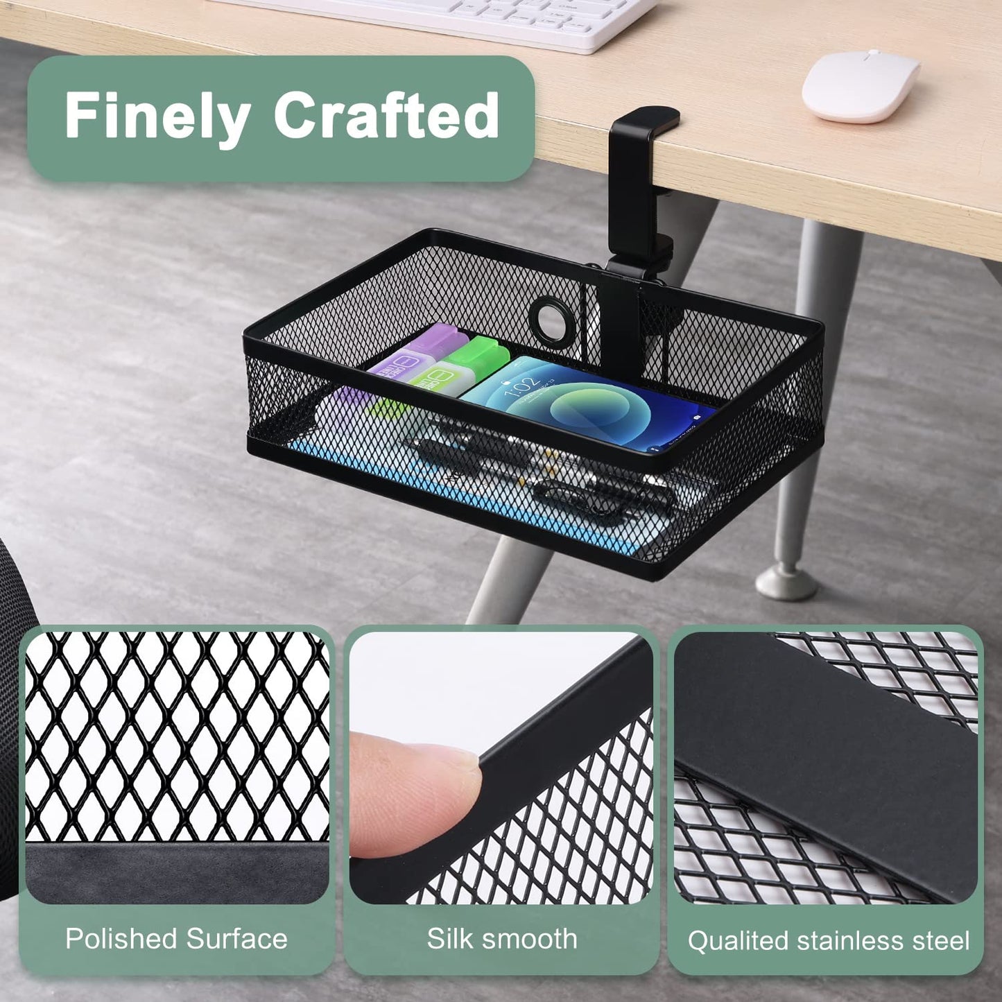 ROSLINE Under Desk Storage Organizer, Clamp on Drawer Basket, Hanging Storage, Mount Tray, Suitable for Multiple Scenes (Black)