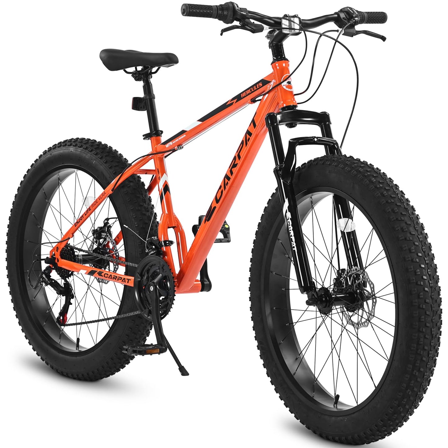 richvelo 26 Inch Fat Tire Bike Adult/Youth Full Shimano 7 Speeds Mountain Bike, Dual Disc Brake, High-Carbon Steel Frame, Front Suspension, Mountain Trail Bike, Urban Commuter City Bicycle