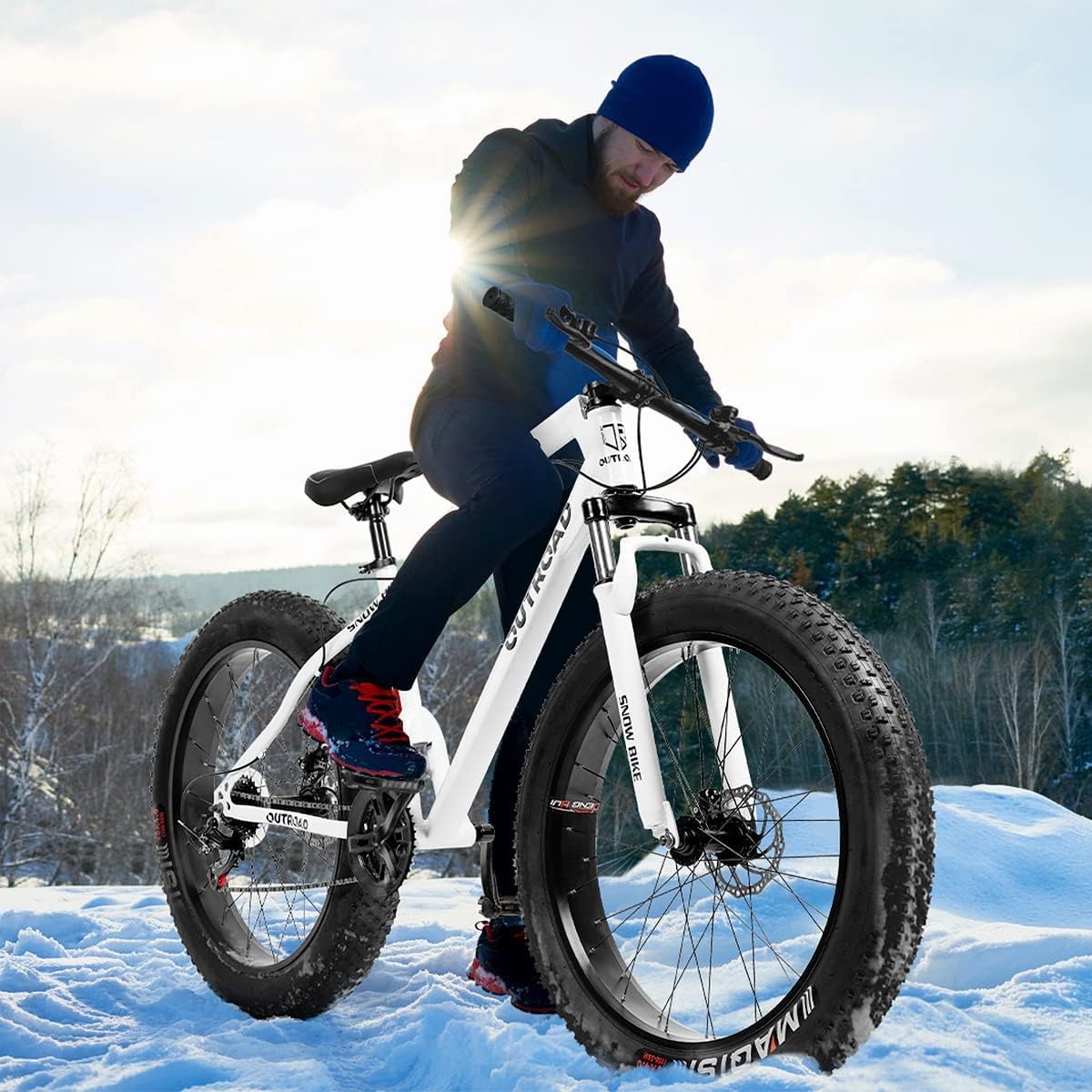 Outroad Mountain Bike Fat Tire with 4-Inch Tire 26 inch Wheels, 21 Speed with High Carbon Steel Frame, Double Disc Brake and Front Suspension Anti-Slip Bikes for Men and Women, White