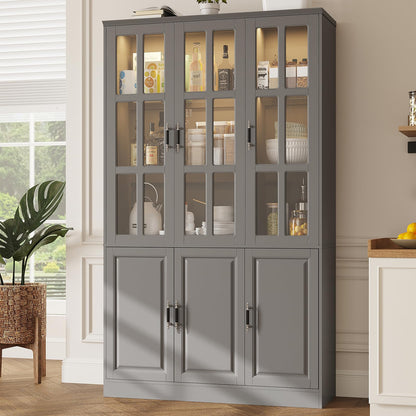 MEISSALIVVE 78.7" Tall Pantry Cabinet with LED Lights, Freestanding Kitchen Pantry with Glass Doors, Large Food Storage Cabinet, Grey (47.2" W x 15.7" D)