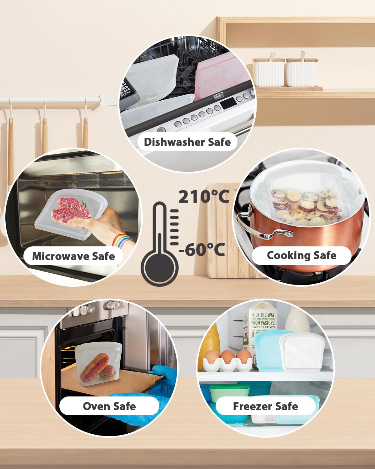 DGitaor Reusable Silicone Storage Bag, 8Pack Pocket, Snack, and Sandwich Bag, Endurables Seal-Top Silicone Bags for Food Storage, Freezer, Microwave, Oven, Dishwasher Safe (Clear & Peach)