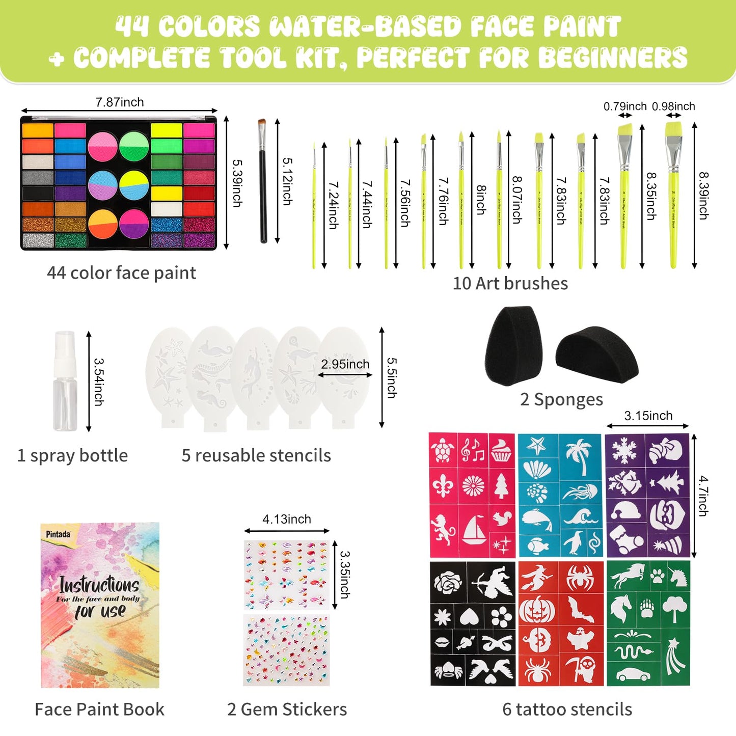 Pintada 44 Color Face Painting Kit for Party - Non Toxic Water Activated Face Paint Palette with Stencils, Brushes, Gems & Glitter. Halloween, Carnival; Costume Makeup for Creative Activities