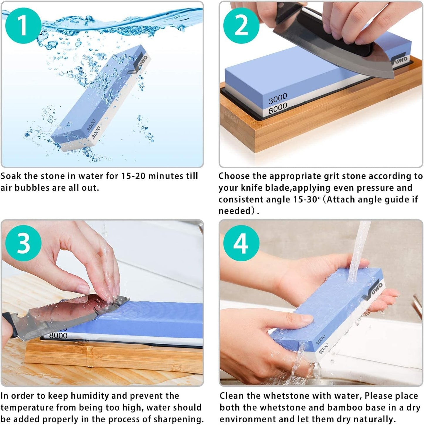 vuwo Knife Sharpening Stone Kit - Whetstone Grit 400/1000 3000/8000 Premium Knife Sharpener Wet Stone Set with Bamboo Base Angle Guide Leather Strop Flattening Stone Silicon holder