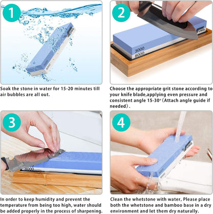 vuwo Knife Sharpening Stone Kit - Whetstone Grit 400/1000 3000/8000 Premium Knife Sharpener Wet Stone Set with Bamboo Base Angle Guide Leather Strop Flattening Stone Silicon holder