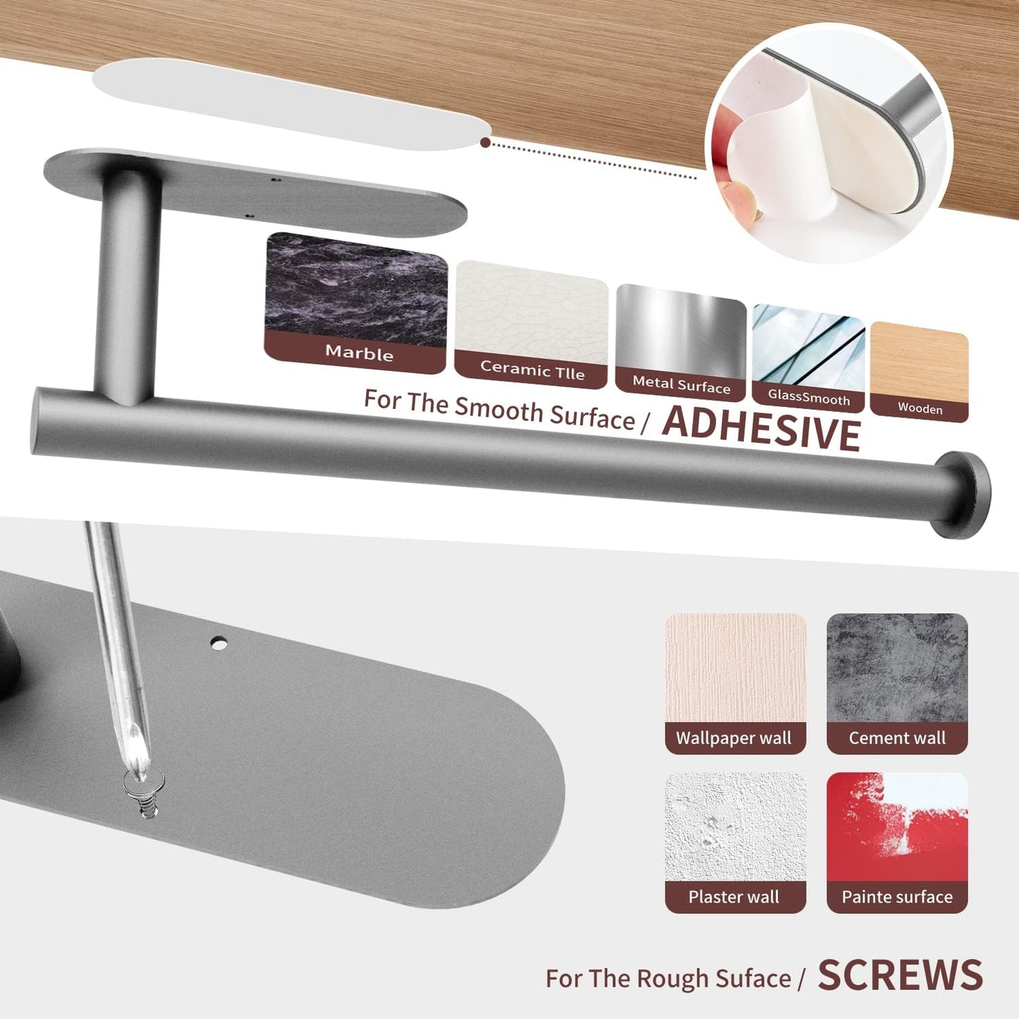 13 inch 1) DEKAVA Under Cabinet Wall Mount Paper Towel Holder, Self-Adhesive Bar, Stainless Steel (Grey