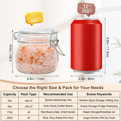 17oz Airtight Glass Jars, 6 Pack Clamp Lid Canisters, Small Food Storage Containers for Spices, Nuts, Snacks, Canning Jar for Jams & Pickling, Pantry Organization