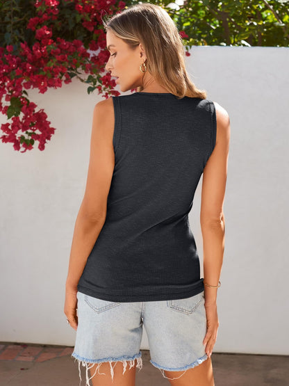 Kissfix Tank Tops for Women Summer Casual Cute Sleeveless Henley Shirts Beach Vacation Clothes Basic Tees Black Grey M
