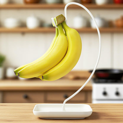VROOMIUM Banana Holder Stand with Ceramic Bowl - Holds Up to 5 Pounds Bananas, Hassle-free Cleaning, Stylish and Chic Design Banana Rack, White