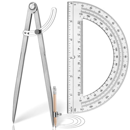 Zonon Professional 12 Inch Large Compass with Wing for Woodworking and 6 Inch Protractor Set, Pencil Compass for Geometry Math Carpenter, Drafting, Drawing Tool