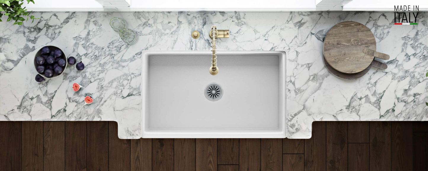 Ruvati 33 x 20 inch Fireclay Reversible Farmhouse Sink - Apron-Front Single Bowl Kitchen Sink - Resistant to High Temperatures - White - Made in ITALY - RVL2300WH