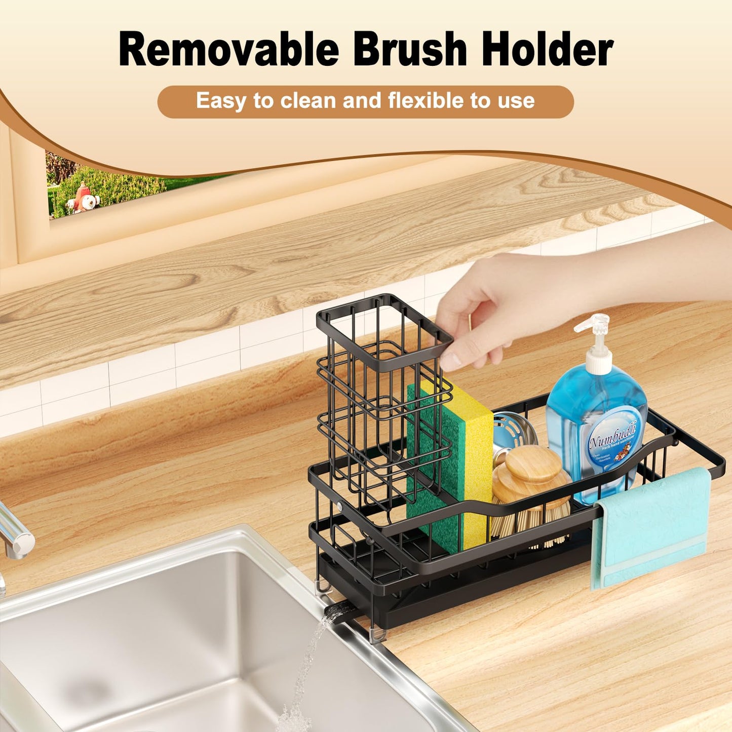 GUUKAR Sponge Holder for Kitchen Sink, Self-draining Sink Organizer with Towel Rack and Brush Holder, Metal Kitchen Sink Organizer for Countertop, Black