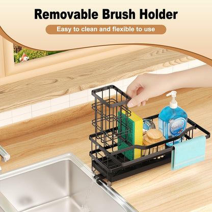 GUUKAR Sponge Holder for Kitchen Sink, Self-draining Sink Organizer with Towel Rack and Brush Holder, Metal Kitchen Sink Organizer for Countertop, Black