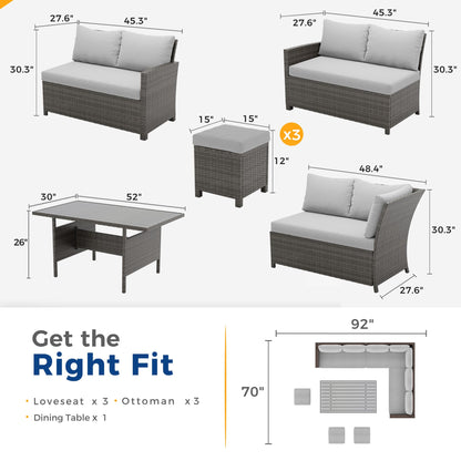 Wisteria Lane 7 Piece Patio Furniture Set, High Curved Back Wicker Patio Sectional, All Weather Outdoor Dining Set, Outdoor Furniture Patio Conversation Set with Ottoman, Grey