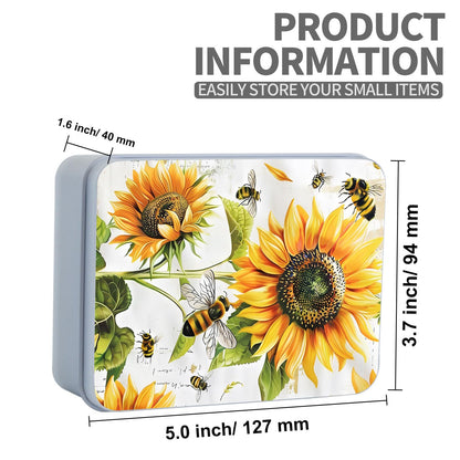 ETLKJVBL Metal Tin Box Sturdy Metal Storage Box with Lid, Large Container Holder for TCG Cards,Car Keys,Cookies,Tin Containers for Gift,5.0x3.7x1.6 Inch,Exquisite Pattern Design(Bee Sunflowers)