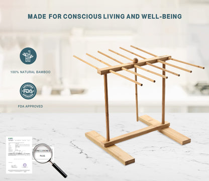 8SOM Bamboo Pasta Drying Rack with Transfer Wand and 12 Bars, Easy to Transfer for Drying Pasta and Cooking, Special Suspension Design for Large Storage