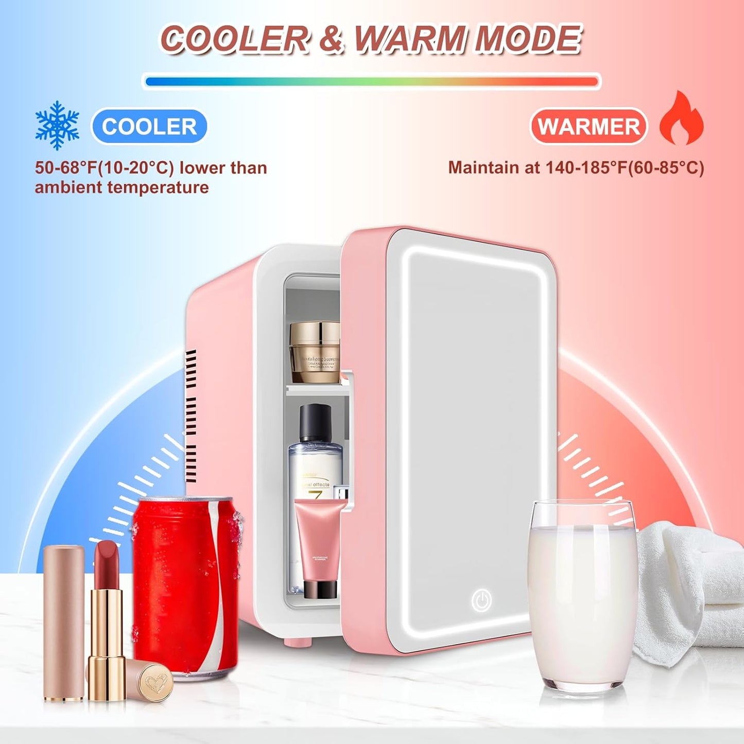 Mini Fridge for Bedroom, Skincare Fridge with Dimmable LED Light Mirror, 4L Makeup Mini Fridge, Pink