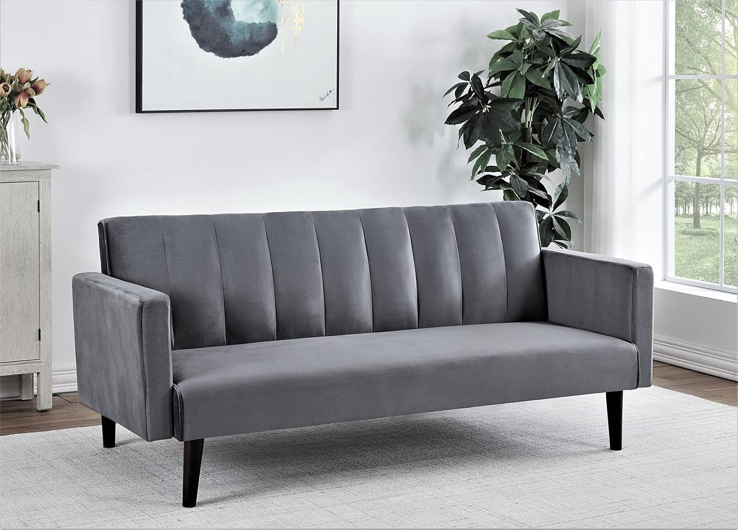 Container Furniture Direct 72" Velvet Convertible Futon Sofa Bed - Full Out Twin Sleeper Couch w/Channel Stitch, Wood Frame & High-Density Foam - Space-Saving for Apartments/Dorms, Grey