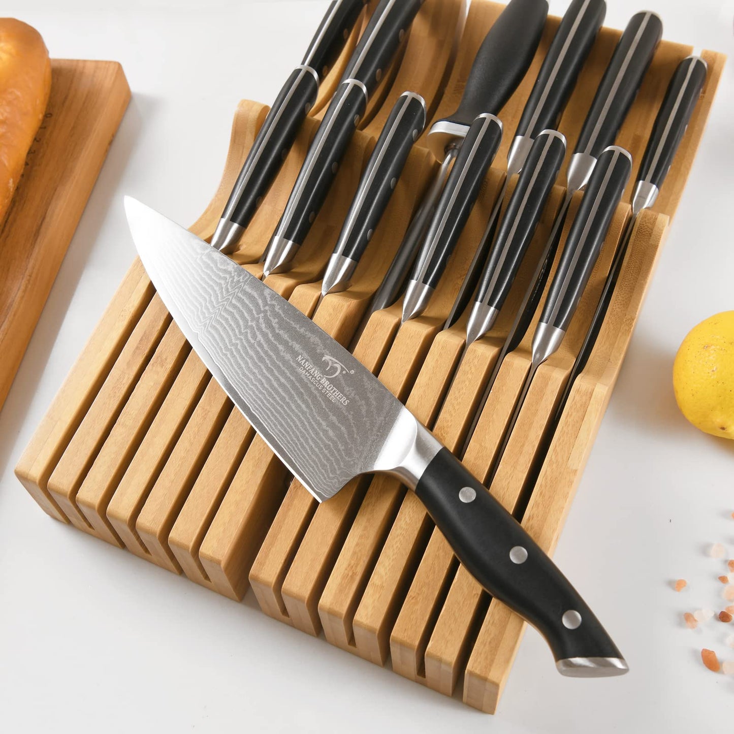 In-Drawer Knife Block with 12 Pieces Japanese Damascus Knives and Sharpener, Bamboo Knife Drawer Organizer with 67-Layer Damascus Steel, Slots for 13 Knives Kitchen Drawer, Counter Top
