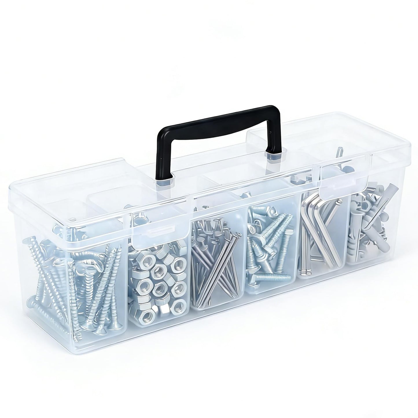 Mowhut Tool Box Organizer, Clear Plastic Small Tool Box With 6 Removable Bins, Portable Hardware Storage Case for Garage Repairs, Screw Sorting, Craft Supplies With Carry Handle