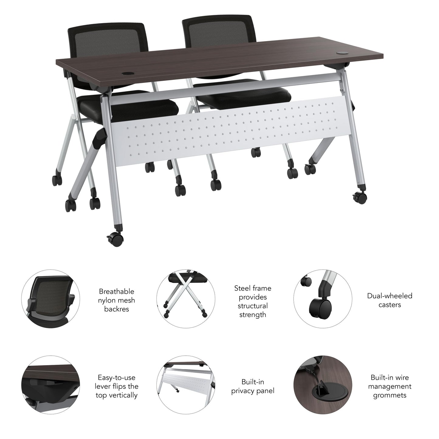 Bush Business Furniture Folding Training Table Set for 2, 60 inch, 2 Mesh Back Folding Chairs, Commercial-Grade Bundle for Office or Classroom, Envision Collection, Gray