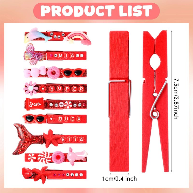 Youyole 50 Sets Cheer Pins Spirit Clips Include Wooden Clothes Pins Mini Resin Animals Bows Beads Letters Self Adhesive Stickers Pen for Cheerleaders Backpacks Christmas Gifts DIY Craft (Red)