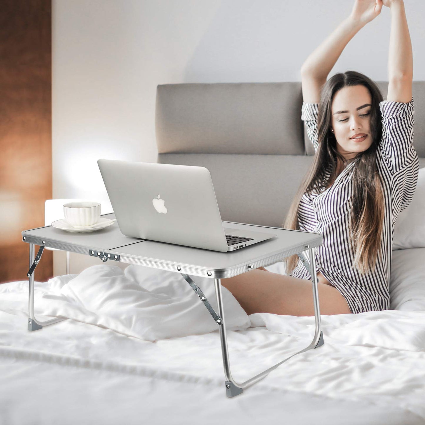 RAINBEAN Foldable Laptop Table for Bed Lightweight Breakfast Bed Tray Portable Mini Picnic Storage Space Standing Holder, Folding Leg Desk Notebook Lap Table for Kids Reading -Silver