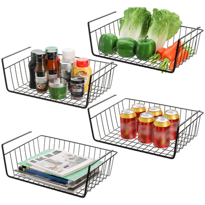 Tebery 4 Pack Black Under Shelf Wire Basket, Hanging Storage Baskets Under Cabinet Add-on Storage Racks, Slide-in Baskets Organizer for Kitchen Pantry Desk Bookshelf