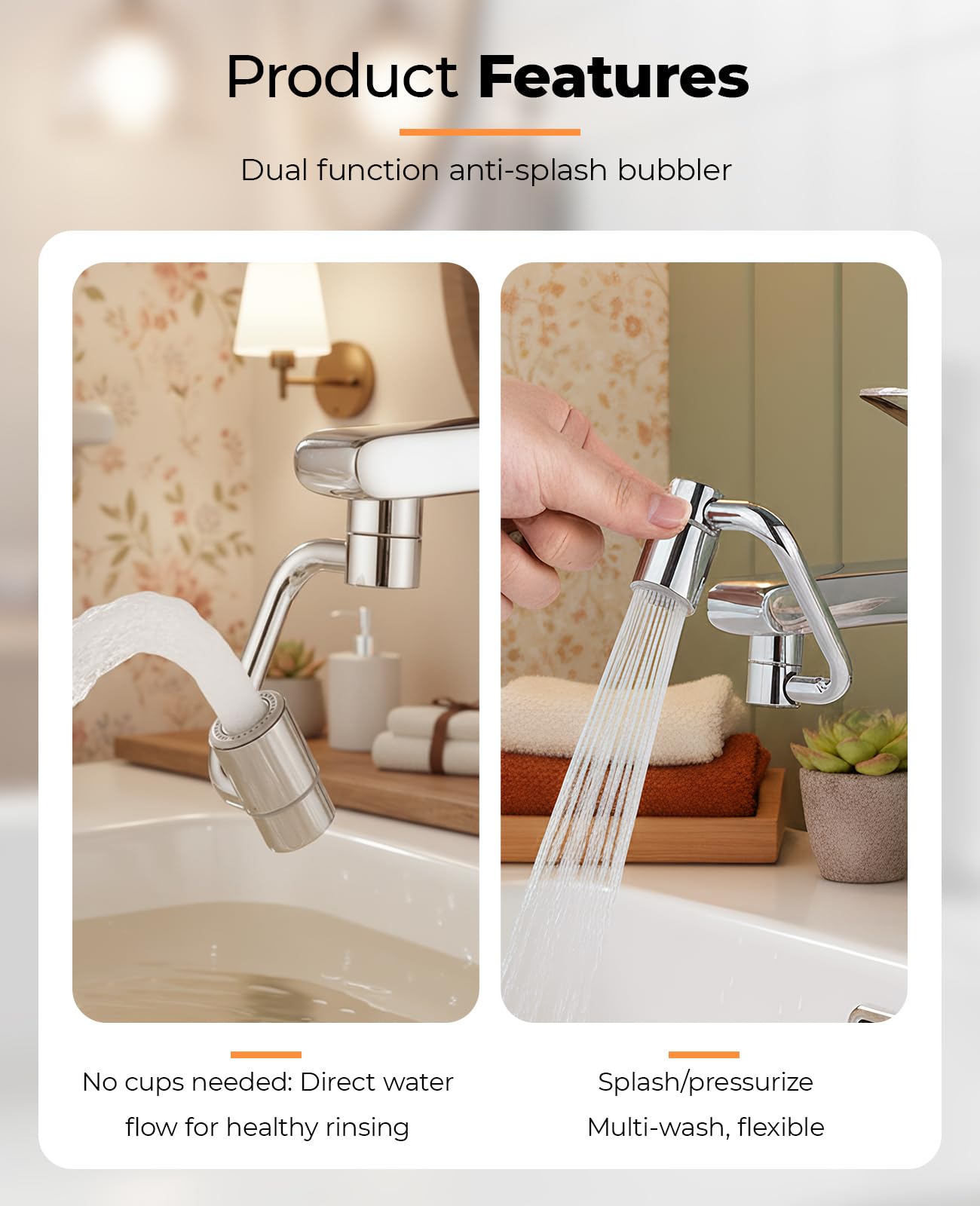 Waaqkid 2PCS Rotatable Faucet Aerator Extension 1440°, U Shape 2 Spray Modes Adjustable Flexiflow 360° Rotating Sink Faucet Extender for Kitchen & Bathroom
