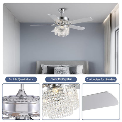 CROSSIO 52 Inch Crystal Ceiling Fan with Light and Remote Control, Modern Chandelier Fan with 5 Reversible Wood Blades Chrome Fandelier for Living Room Bedroom (Fine line Crystal-Ceiling Fan)